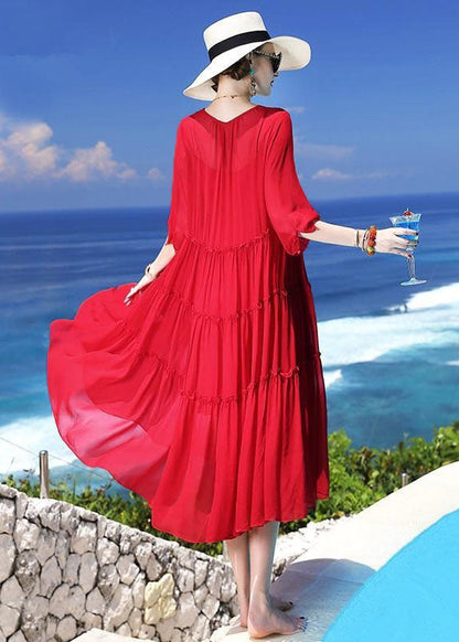 Red Patchwork Silk Two Pieces Set Beach Holiday Dress Summer