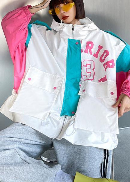 Art White Letter Patchwork Cotton Spring Hooded Coat
