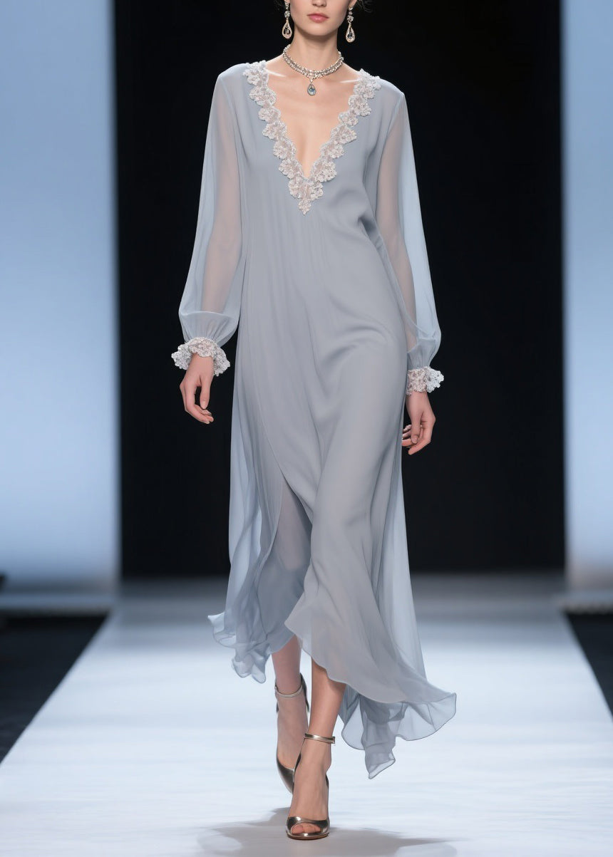 Grey Lace Chiffon Long Dress V Neck Butterfly Sleeve