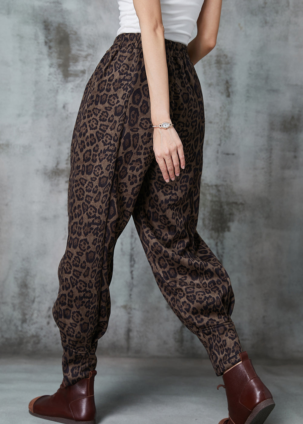 Coffee Leopard Print Faux Suede Harem Pants Spring