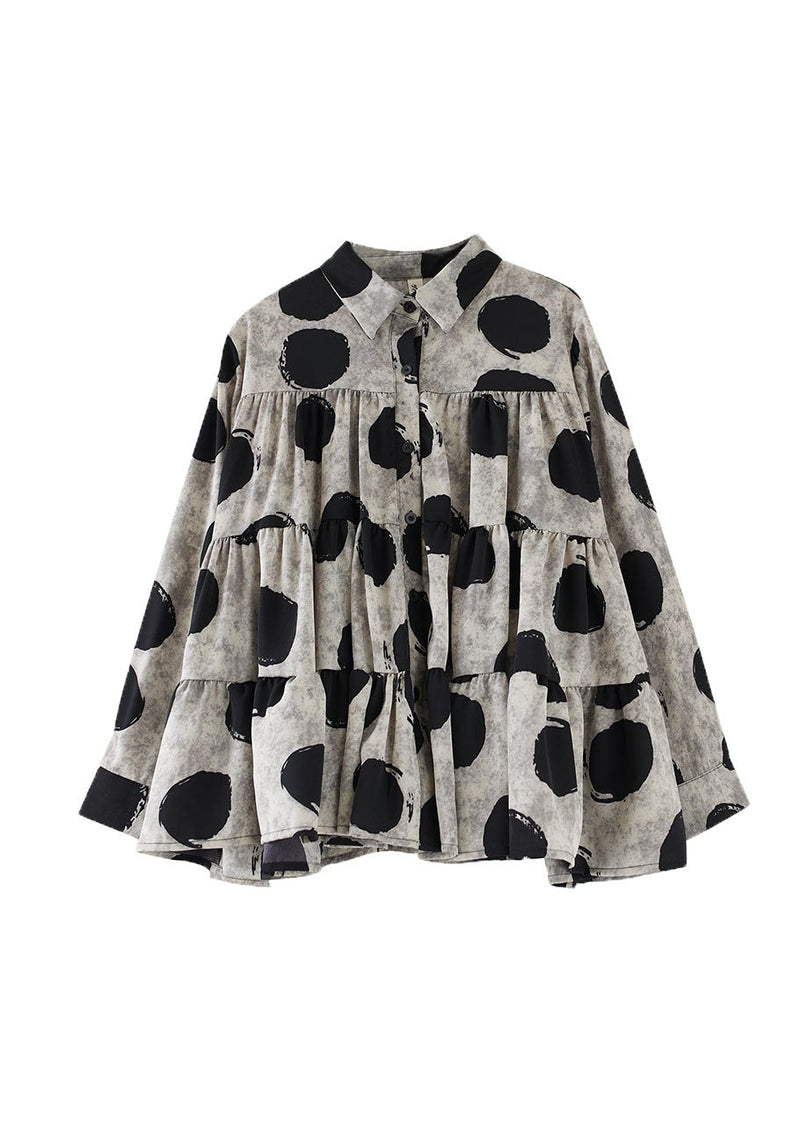 Black Peter Pan Collar Dot Wrinkled Cotton Shirts Fall