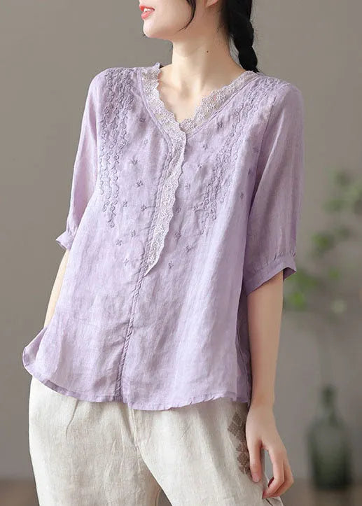 Purple V Neck Embroideried Linen Blouse Tops Half Sleeve