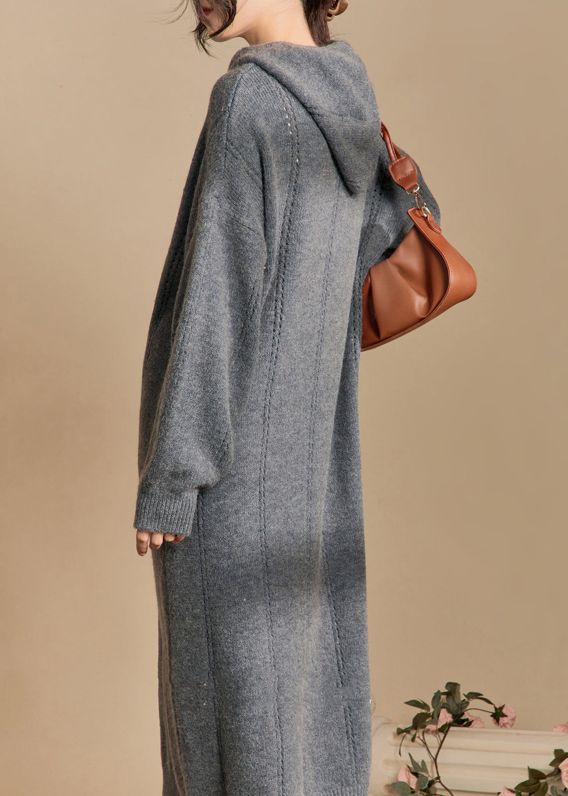 New Grey Hooded Hollow Out Knit Long Dress Winter