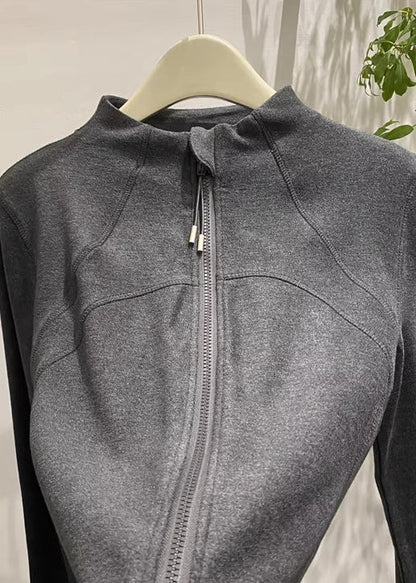 Dark Grey Velour Jackets Zip Up Stand Collar Spring