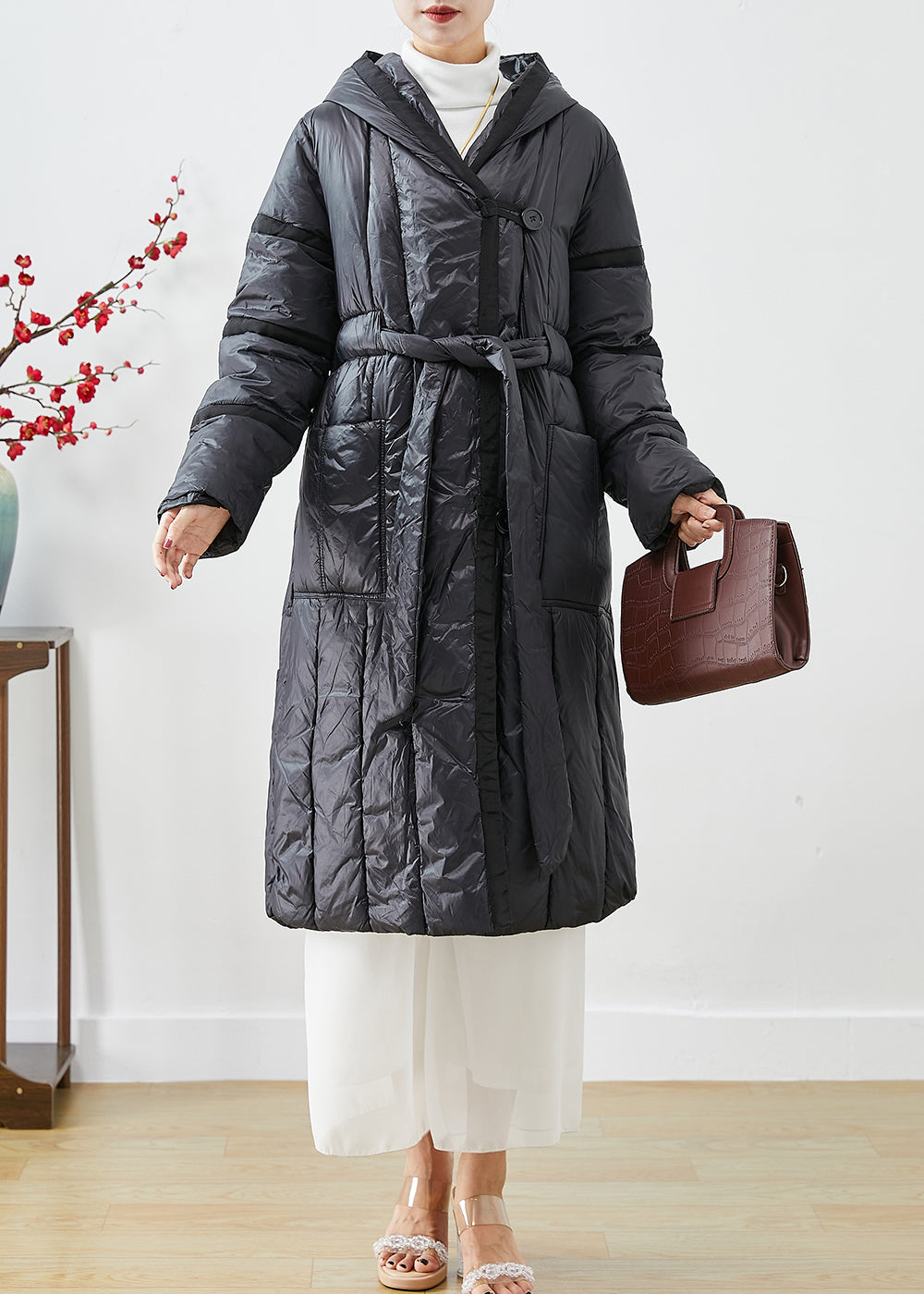 Classy Black Tie Waist Oversized Warm Duck Down Jacket in Winter