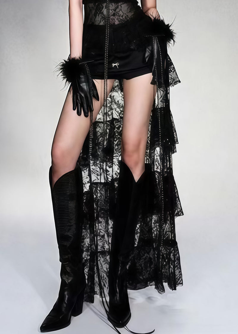 Stylish Black Tasseled Low High Design Lace Cami Dress Summer