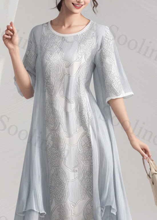 Light Blue O Neck Print Wrinkled Patchwork Silk Dress Summer