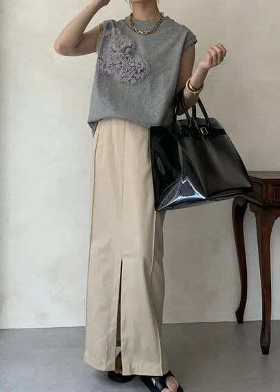 Grey Decorated Cotton Tank Tops Sleeveless
