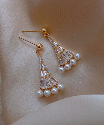 Gold Copper Alloy Pearl Fan-shaped Drop Earrings