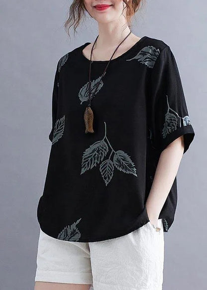 Handmade Black O-neck Loose Summer Cotton Linen Top