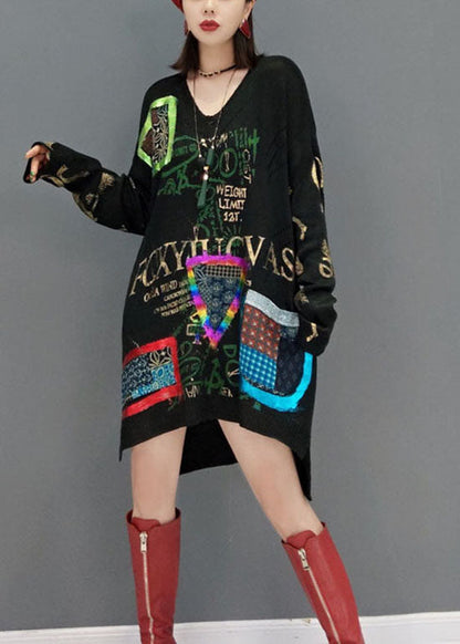 Stylish Black Low High Design Side Open V Neck Print Knit Dresses Spring