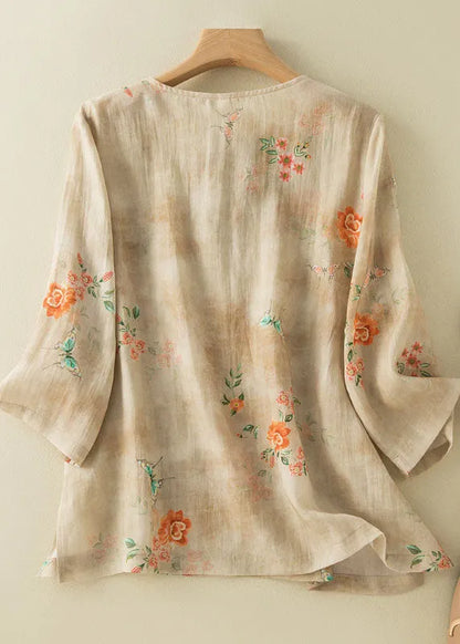Chinese Style Apricot O-neck Print Oriental Button Side Open Linen Shirt Top Bracelet Sleeve