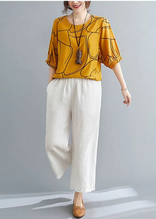 Loose Yellow O-neck Print Cotton Tank Tops Batwing Sleeve