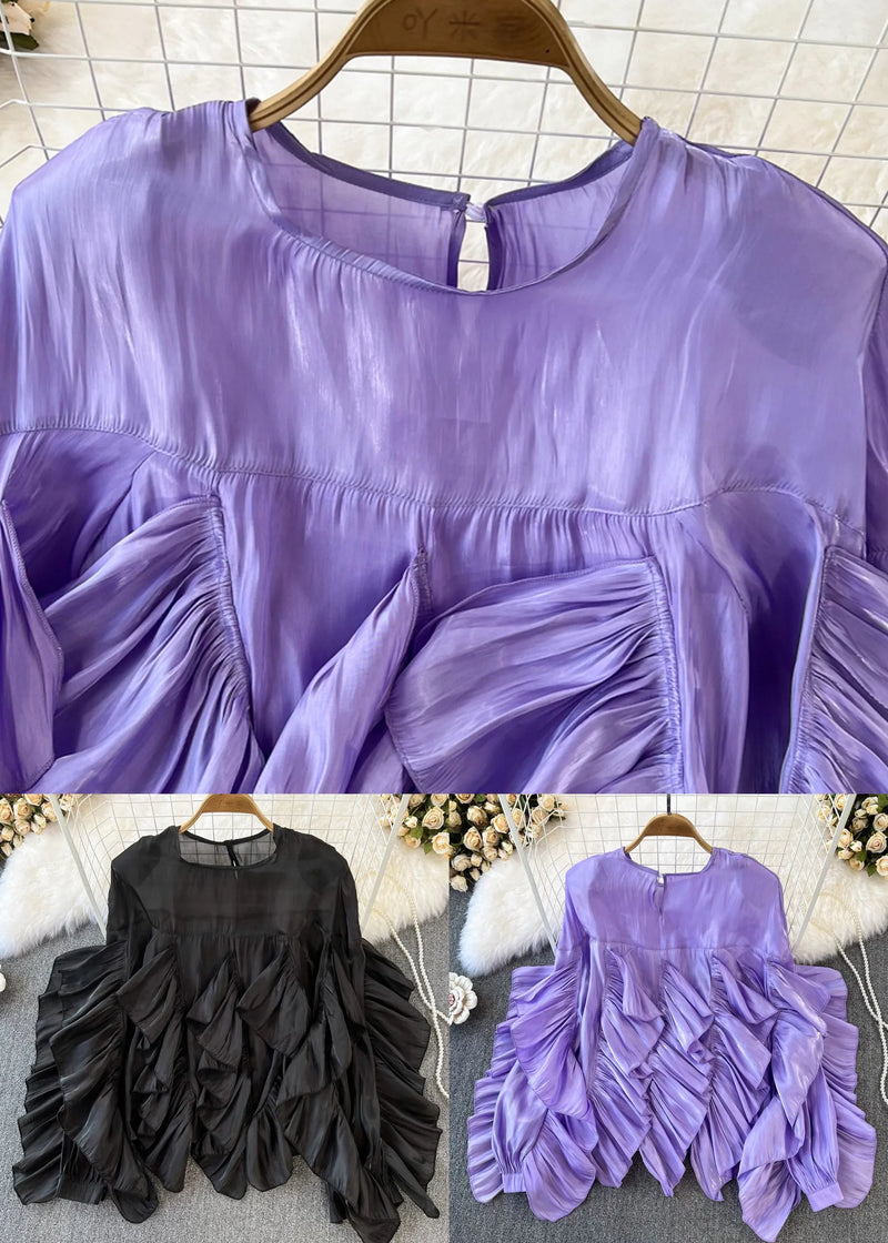 Purple O-neck Asymmetrical Button Silk Top Long Sleeve
