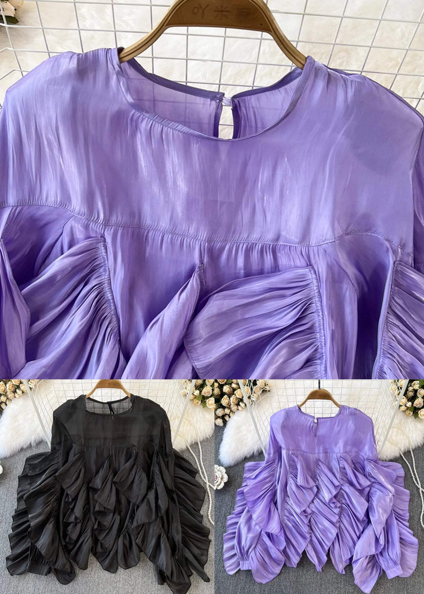 Purple O-neck Asymmetrical Button Silk Top Long Sleeve