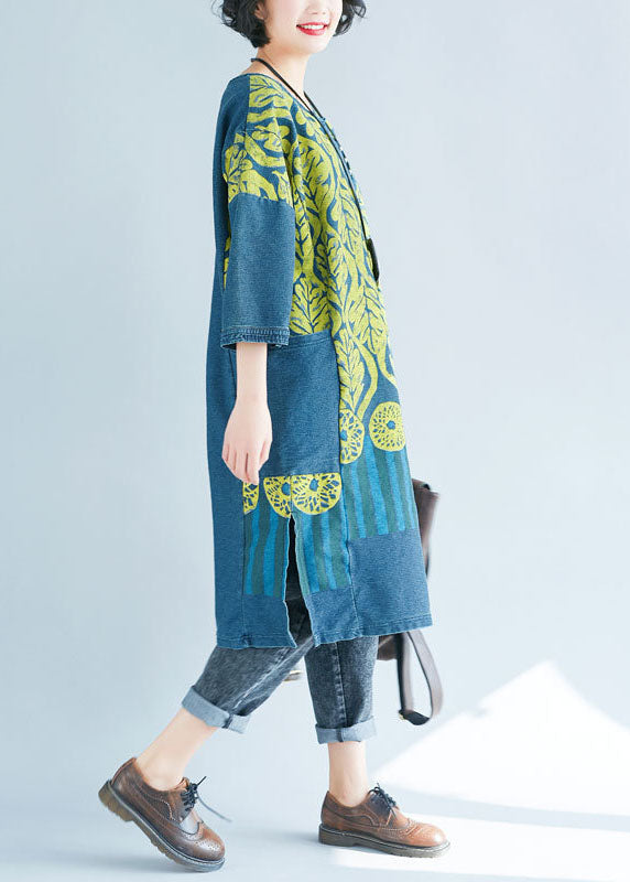 Blue O-neck Side Open Print Sweatshirts Dresses Spring
