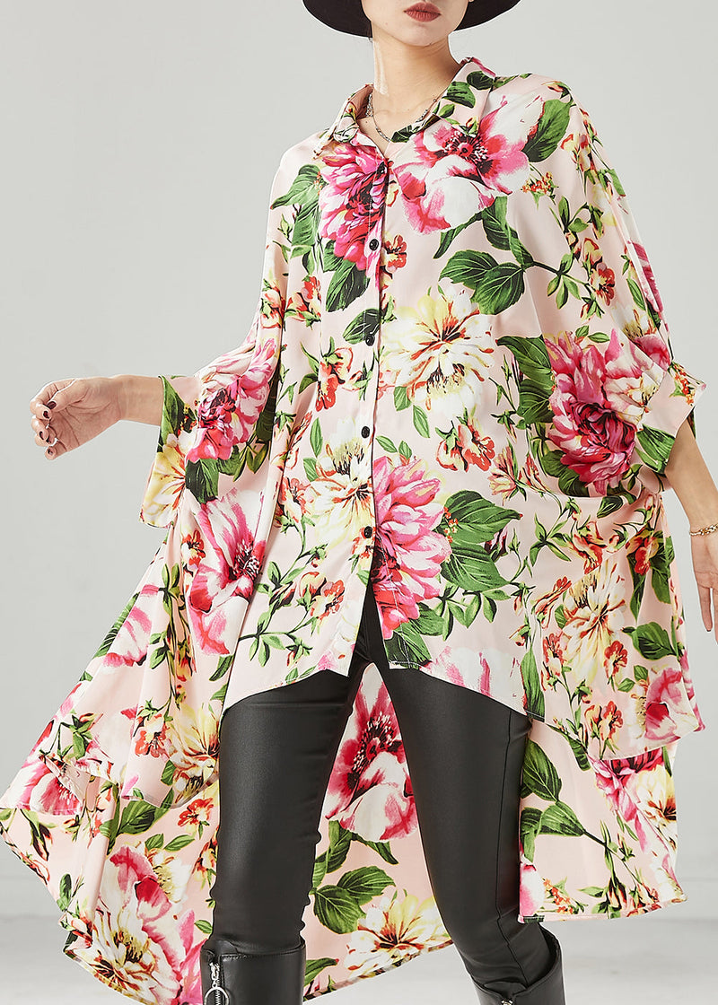 Apricot Print Low High Design Chiffon Shirt Dresses Spring