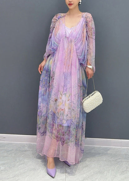 Lavender U Neck Print Patchwork Long Dresses Summer