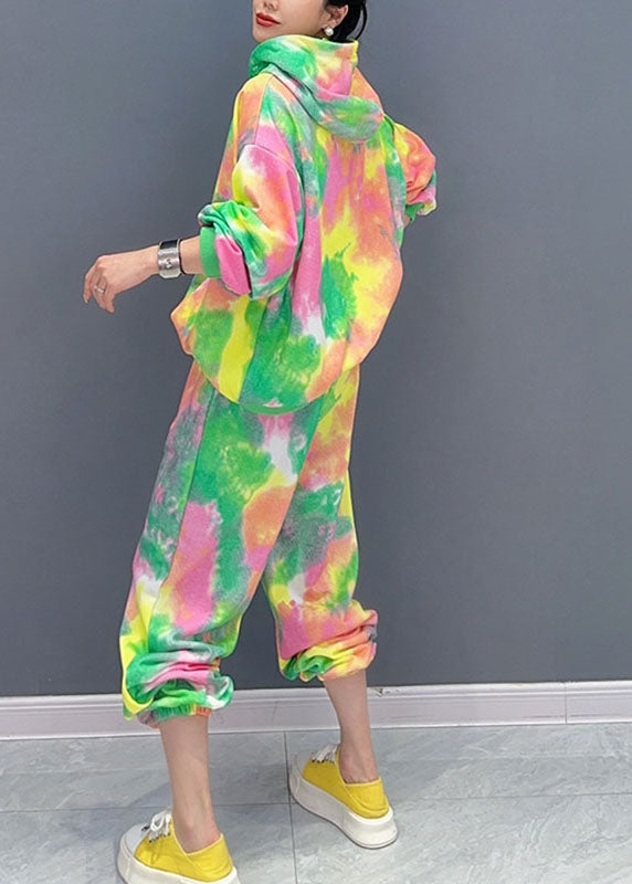 Diy Green Print Hooded Coats and Lantern Pants Two Piece Set Long Sleeve