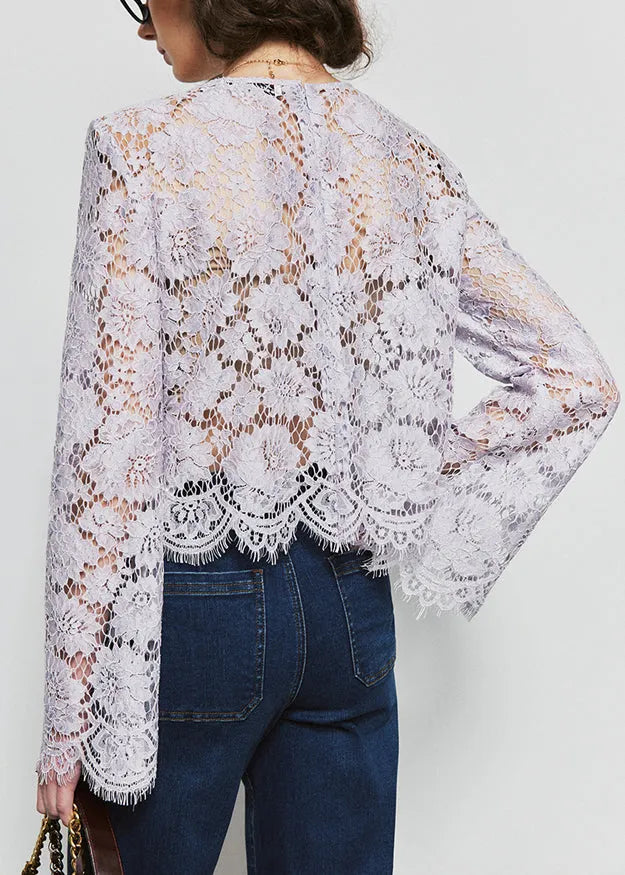 French Purple O Neck Hollow Out Lace Top Fall