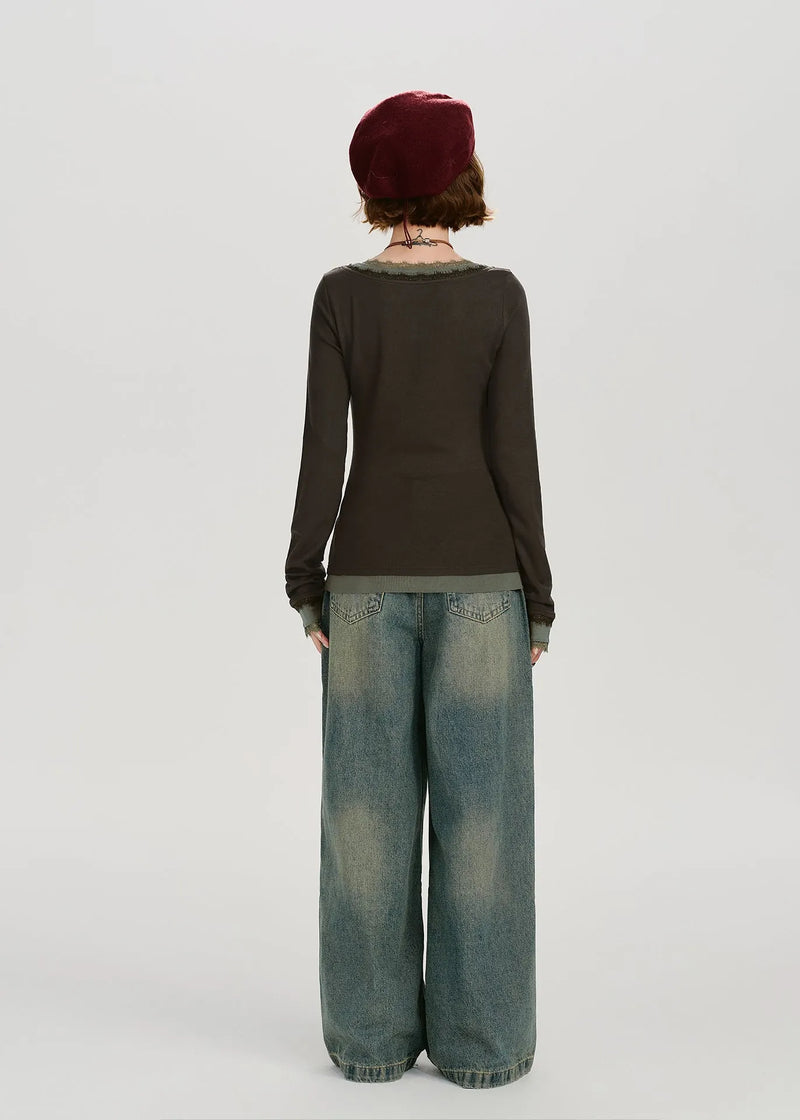 Style Brown O-neck Patchwork Cotton Fake Two Piece Tops Spring