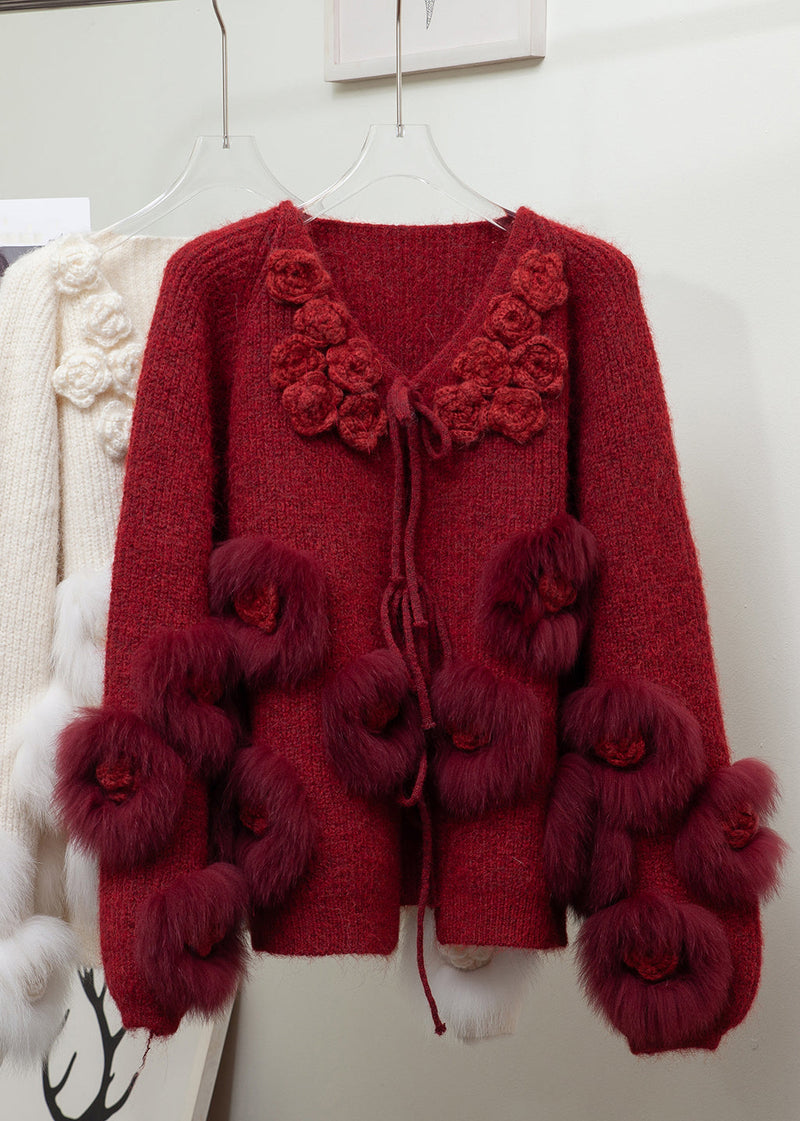 Beige Lace Up Fox Fur Patchwork Knit Coats Winter