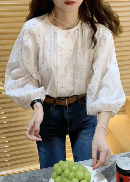 French White O-neck Print Button Cotton Shirts Lantern Sleeve