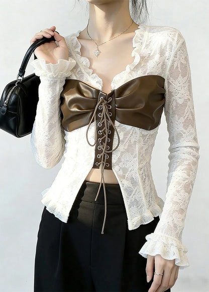 White Patchwork Cross Strap Lace Top Spring