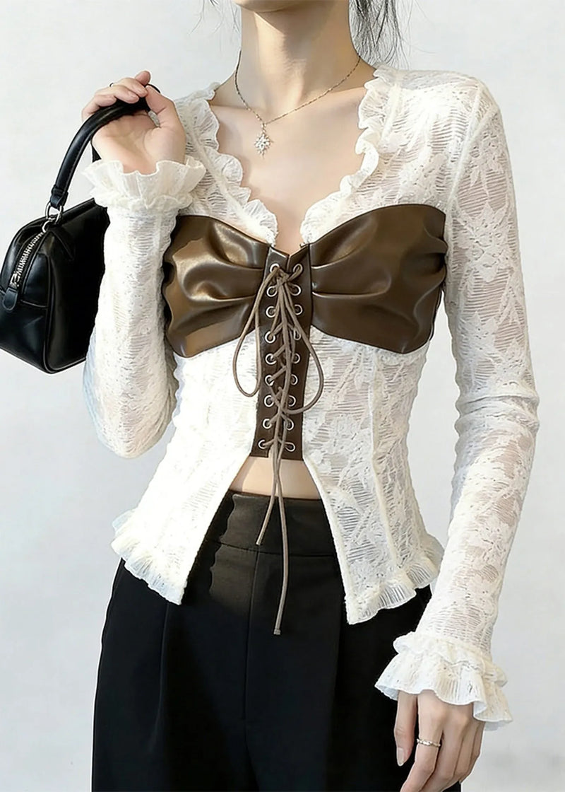 White Patchwork Cross Strap Lace Top Spring