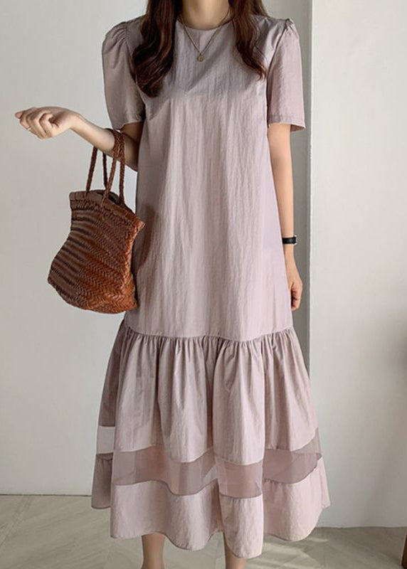 Fitted Light Purple O-neck Patchwork Wrinkled Cotton Long Dresses Summer