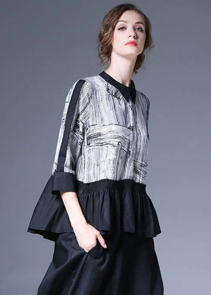 Italian Black Stand Collar Print Patchwork Exra Large Hem Chiffon Blouse Top Bracelet Sleeve