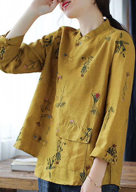 Yellow Asymmetrical Design Button Linen Blouses Top Long Sleeve