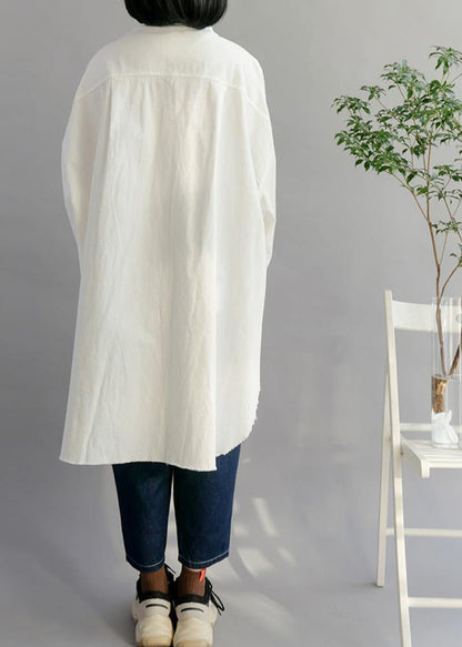 Natural White Cotton Clothes Big Pockets Shift Shirt Dress