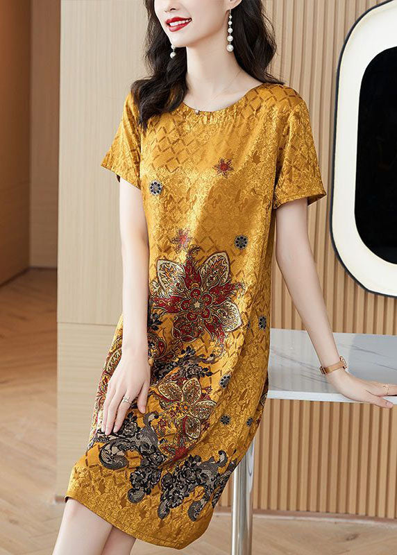 Yellow O-neck Print Silk Robe Dresses Summer