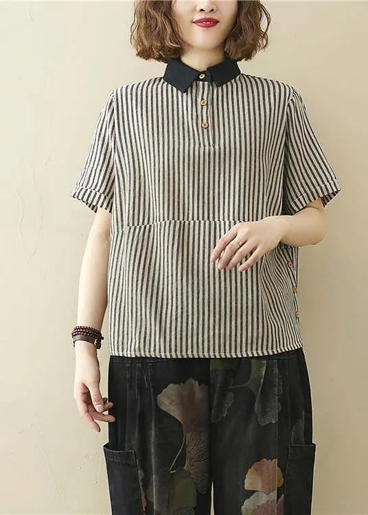 French Black Striped Turn-down Collar Linen Summer Top