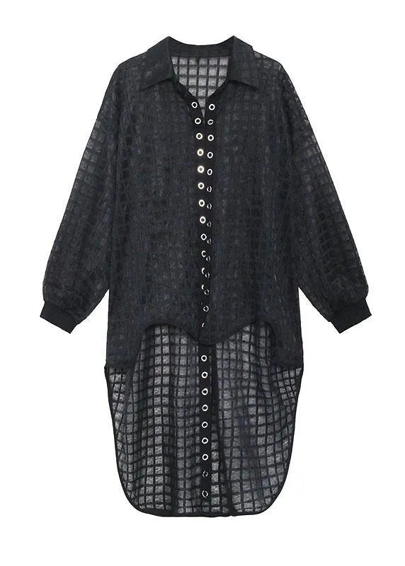 Natural Black Peter Pan Collar Low High Design Long Sleeve Shirt Top Summer