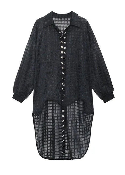 Natural Black Peter Pan Collar Low High Design Long Sleeve Shirt Top Summer
