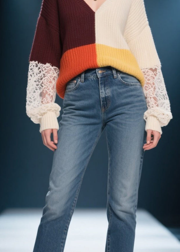Colorblock V Neck Lace Patchwork Knit Sweater Fall