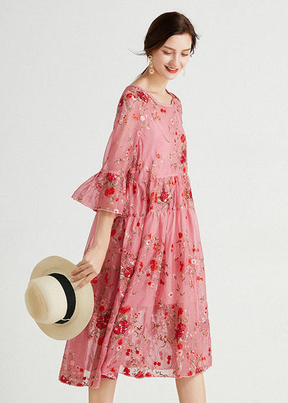 Pink O-neck Embroideried Lace Dresses Two Piece Set Summer