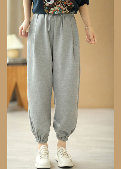 Grey Tie Waist Pockets Harem Fall Pants Cotton