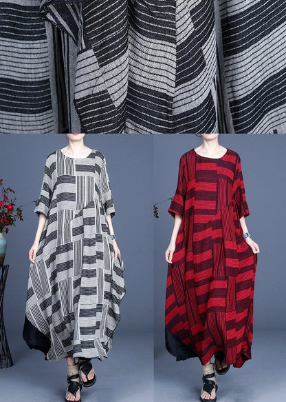 Comfy Red Striped Asymmetrical Design Maxi Summer Cotton Linen Dress