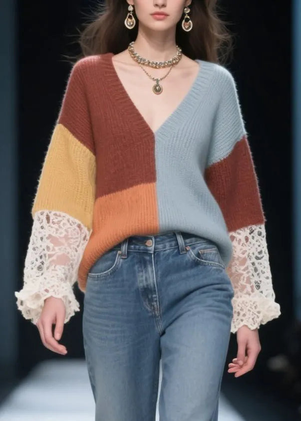Art Mixed Color Oversized Patchwork Lace Knit Pullover Fall