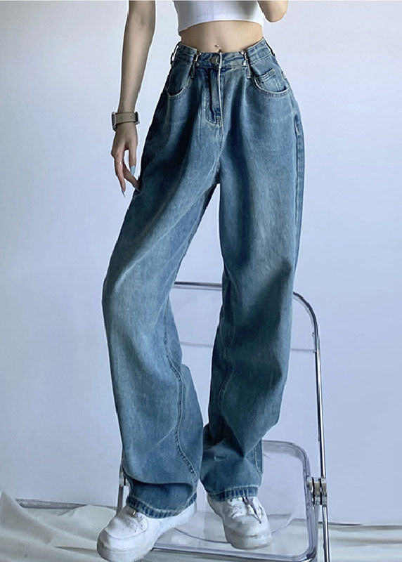 Blue High Waist Draping Cotton Denim Wide Leg Pants Summer