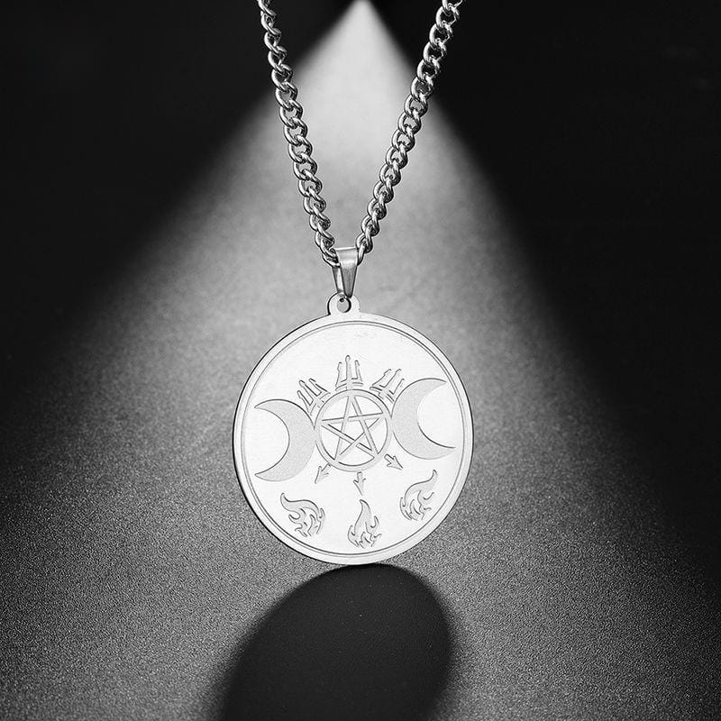 Triple Moon Goddess Pentagram Necklace
