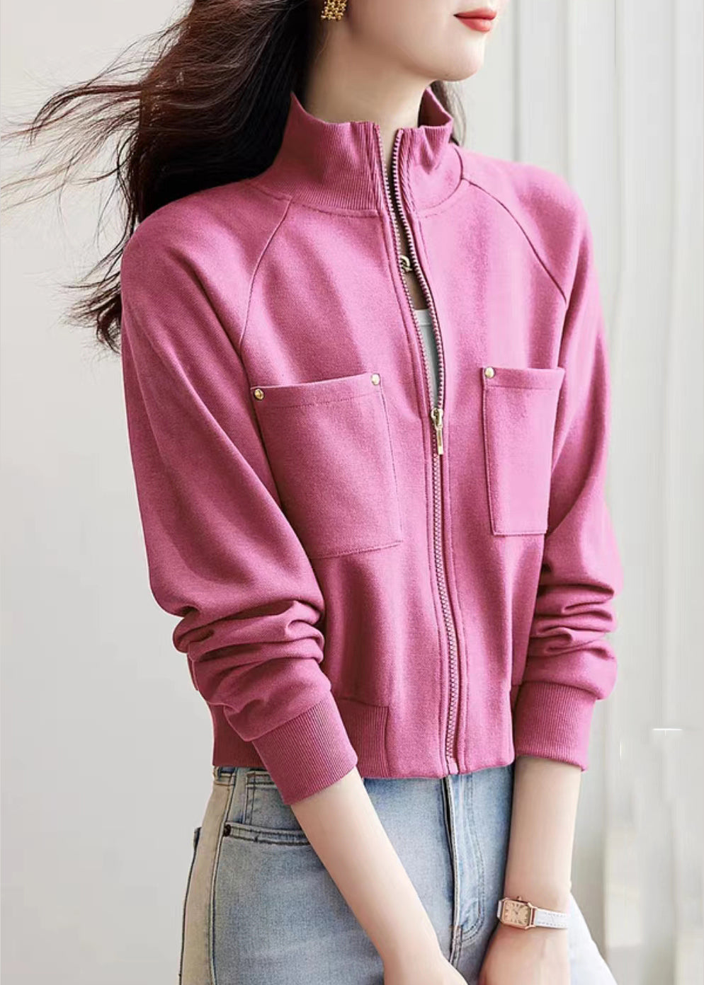 French Pink Zip Up Pockets Cotton Coat Outwear Spring
