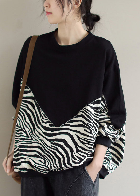 Black O-neck Patchwork Pullover Sweatshirt Long Sleeve
