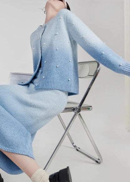 Modern Blue O-neck Nail Bead Cotton Knit Sweaters and Maxi Skirts Two Piece Set Fall