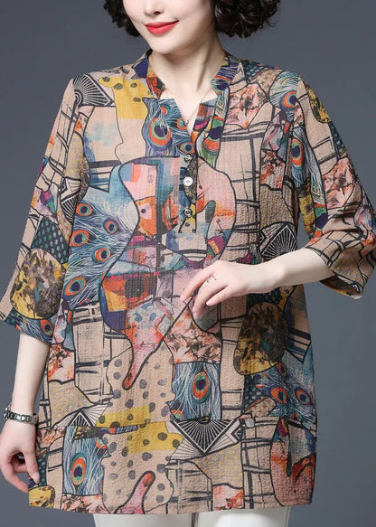 Modern V Neck Print Button Thin Shirt Top Three Quarter Sleeve