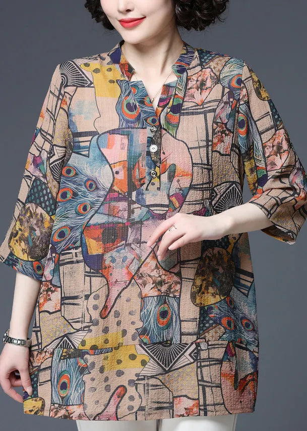 Modern V Neck Print Button Thin Shirt Top Three Quarter Sleeve