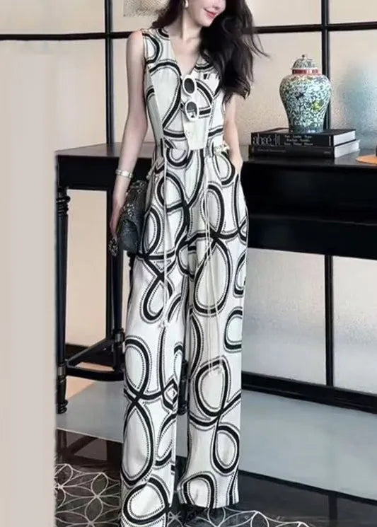 French White V Neck Print Button Cotton Jumpsuits Sleeveless